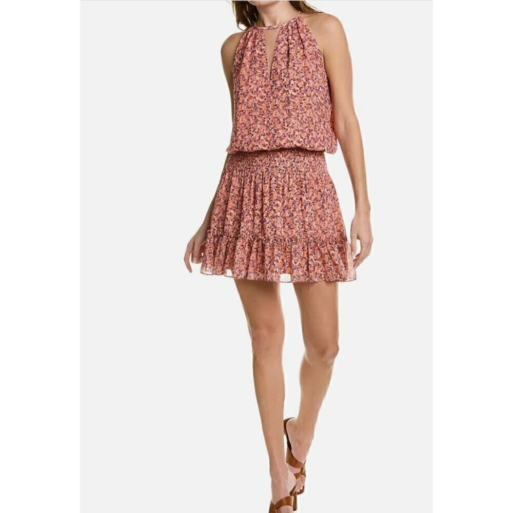 New RAMY BROOK Size M Preston Mini Dress Coral Combo Smocked Waist, Ruffle Hem